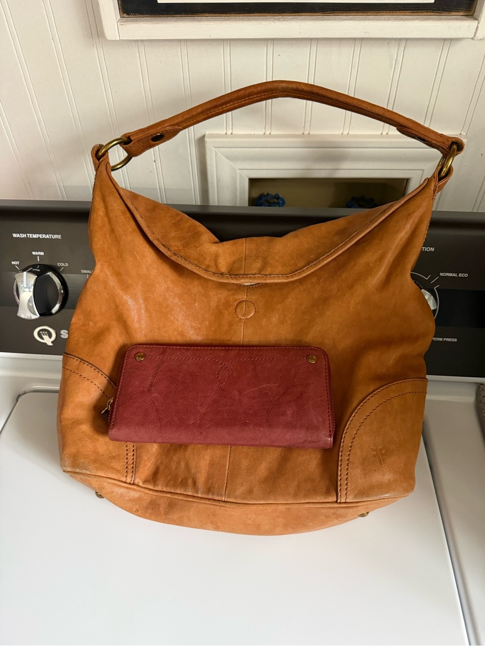 Tan frye Hobo Bag with Red wallet